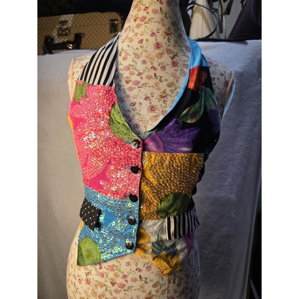 Vintage Y2K The Icing Patchwork Sequined Halter Top Artsy Poka Dot Floral Sz S